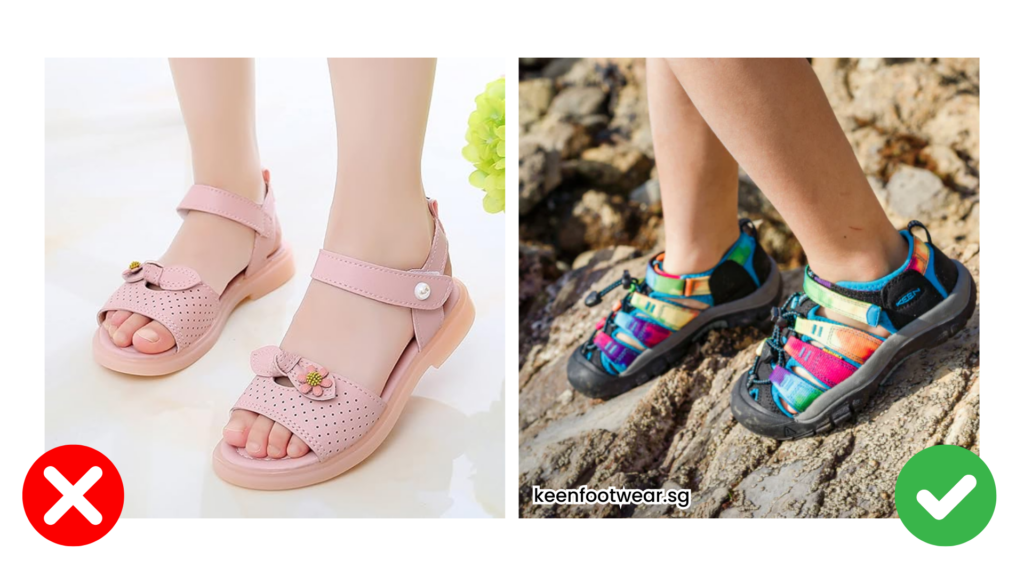 Comparison of two types of children's footwear—open-toe pink sandals with minimal support vs. sturdy, closed-toe sports sandals with proper grip and arch support, recommended for foot health.