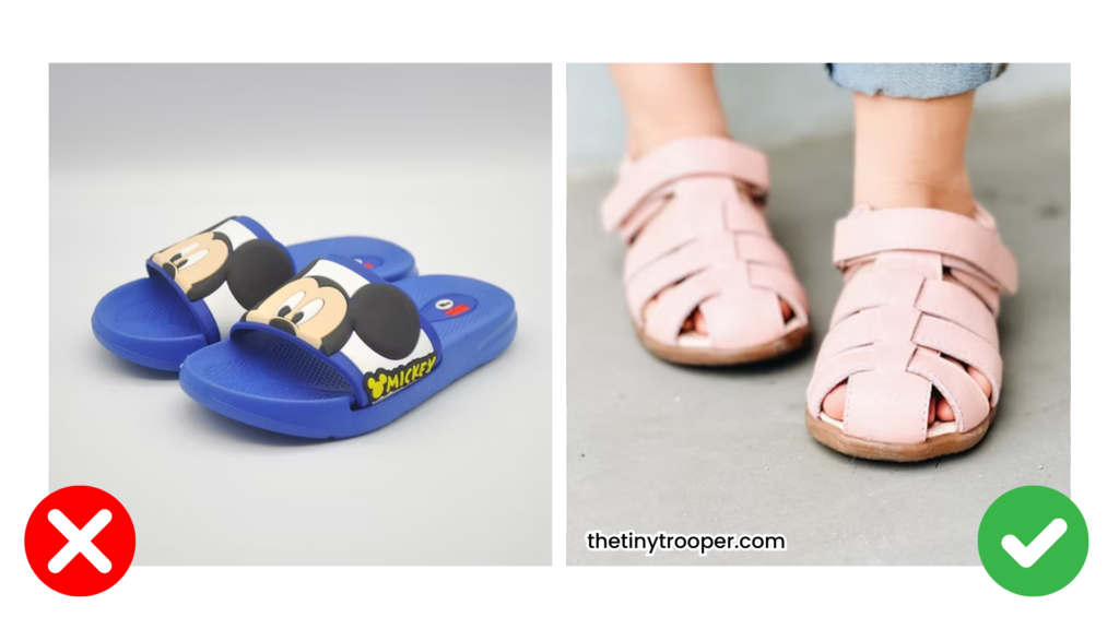 Side-by-side comparison of children's footwear, showing flat Mickey Mouse slides, which lack support, versus structured closed-toe sandals with secure straps, ideal for healthy foot development.