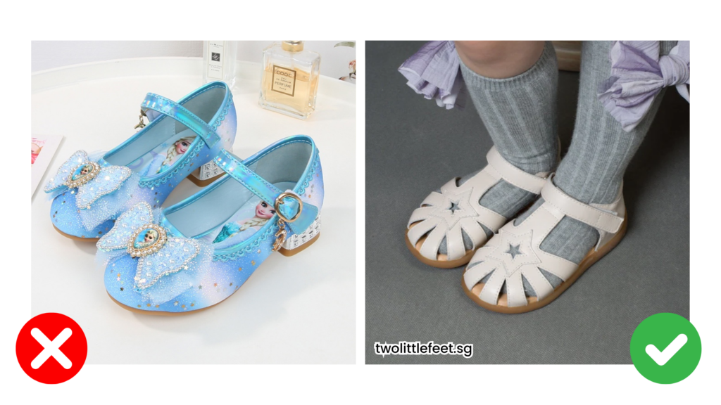 A comparison of children's shoes, highlighting the difference between decorative, stiff dress shoes and flexible, well-structured sandals with proper foot support.