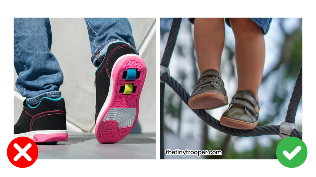  A contrast between two footwear choices—roller shoes, which may compromise foot stability, and sturdy, well-fitted shoes designed to support balance and foot health in active children.
