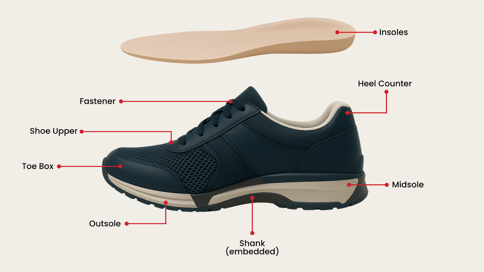 Infographic showing parts of a podiatrist-approved shoe including outsole, midsole, shank, toe box, heel counter, and fastener.
