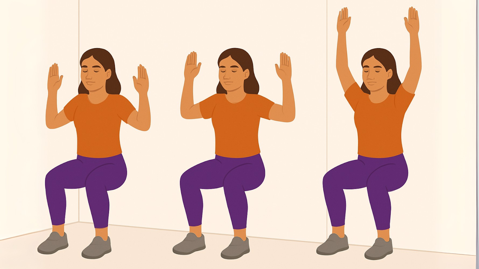Woman performing wall angels in a squatting position, a physiotherapy exercise targeting postural muscles and shoulder mobility.
