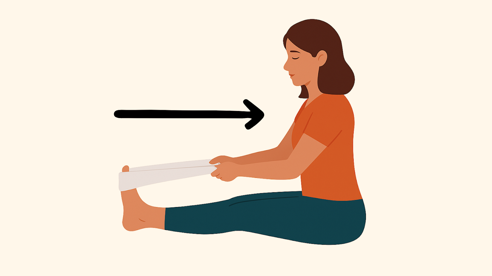 Illustration of a woman using a towel to perform a seated hamstring stretch, commonly recommended by physiotherapists to improve leg flexibility.