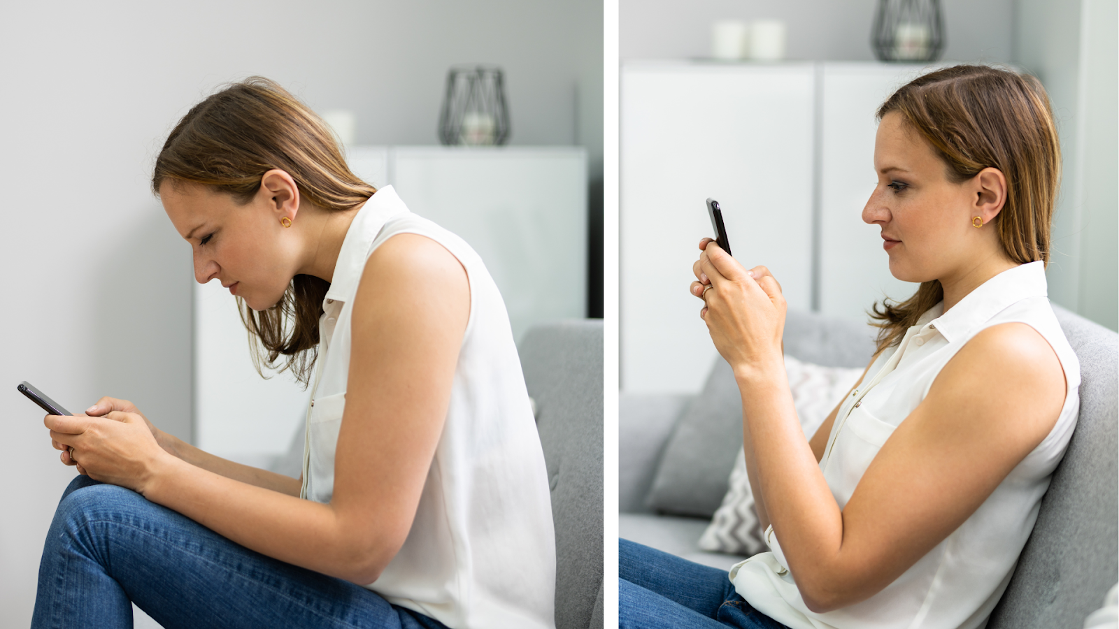 Side-by-side comparison of a woman slouching while looking at her phone versus sitting upright with good posture.