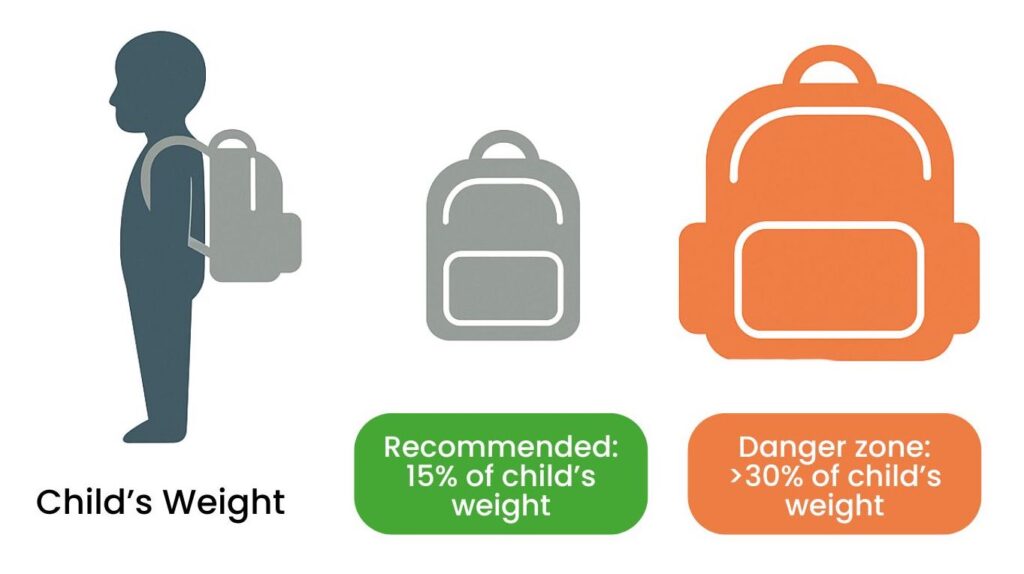 Simple visual comparing recommended backpack weight (15% of child’s weight) to danger zone (over 30%) using proportional backpack sizes on a child silhouette.