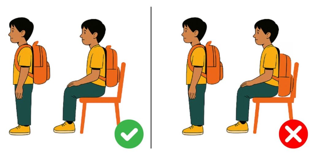 Side-by-side illustration of a child wearing a school backpack while standing and sitting; left side shows correct bag height above the seat, right side shows incorrect bag length resting on the chair.