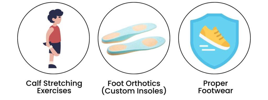 Effective flatfoot treatments featuring calf stretching exercises, custom orthotic insoles, and proper footwear for support.