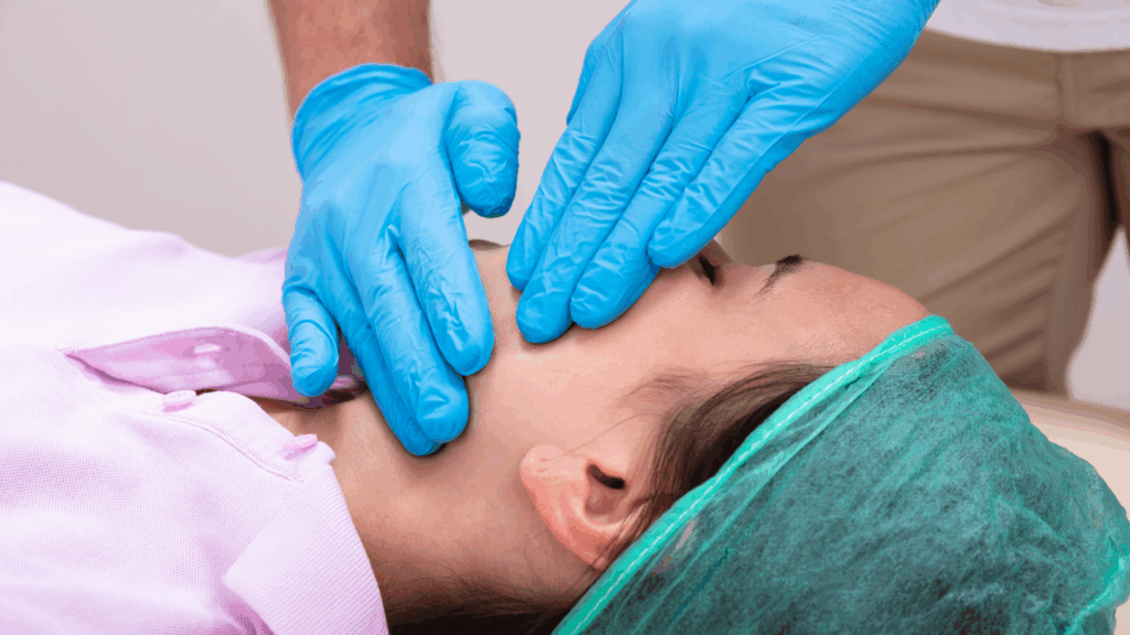 Physiotherapist applying manual therapy on a woman’s jaw to relieve TMJ pain