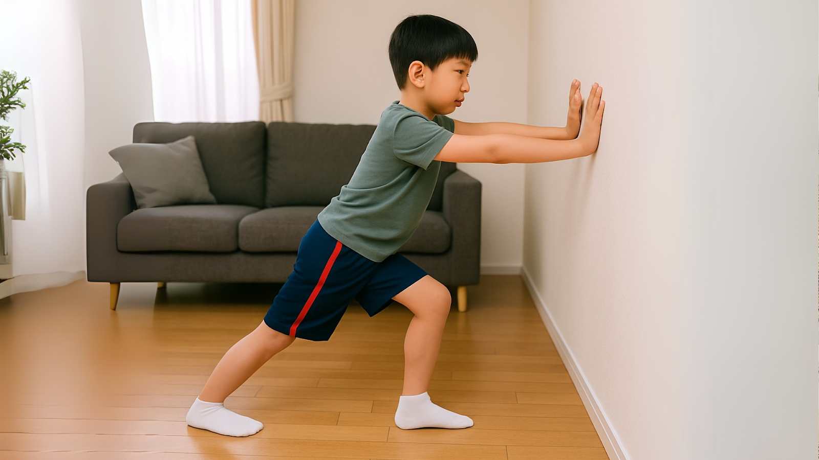 Young boy doing a wall calf stretch exercise at home to improve lower limb alignment.
