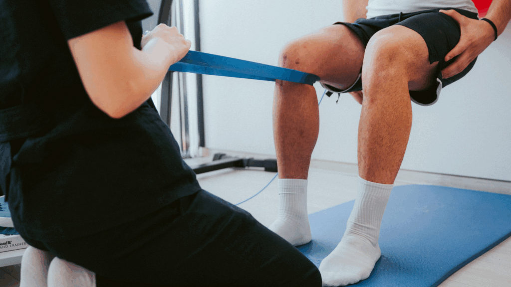 sports Physiotherapist performing resistance band knee exercise with patient during sports physiotherapies session on a yoga mat.