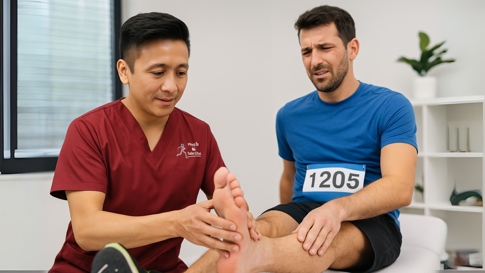 A physiotherapist from Physio & Sole Clinic examining a runner’s painful foot after a race, highlighting the importance of proper marathon foot care in Singapore.