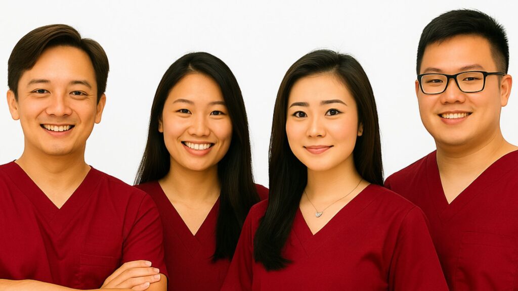 Four smiling healthcare professionals wearing matching maroon scrubs standing against a plain white background, representing a friendly and professional physiotherapy and podiatry team.