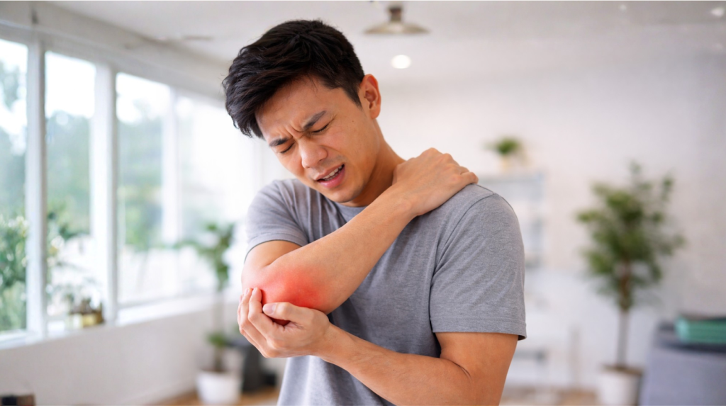 Asian adult holding a swollen, painful elbow with visible redness after an arm injury