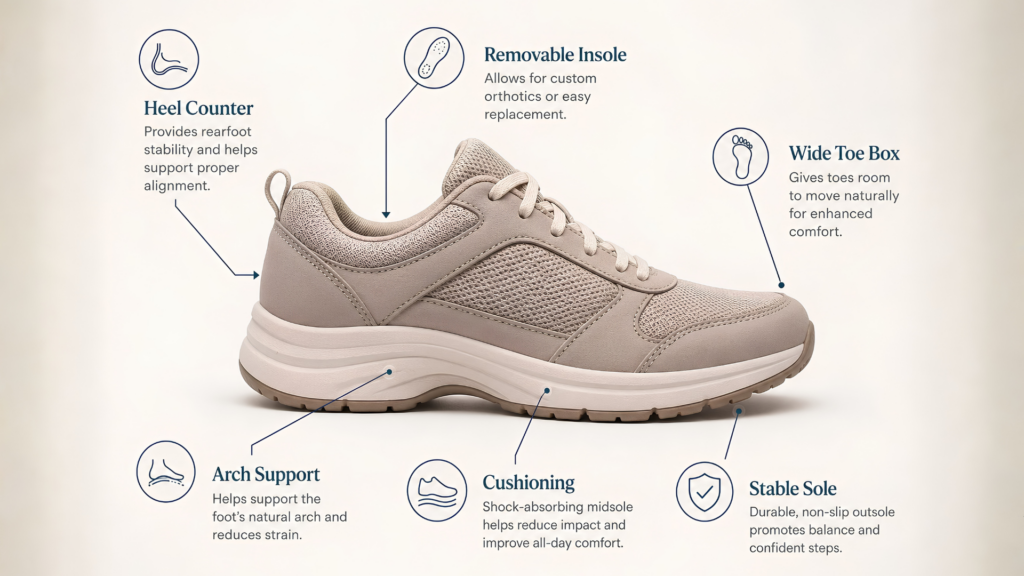 Supportive orthopaedic shoe features including arch support, firm heel counter, cushioning, stable sole, wide toe box, and removable insole. 