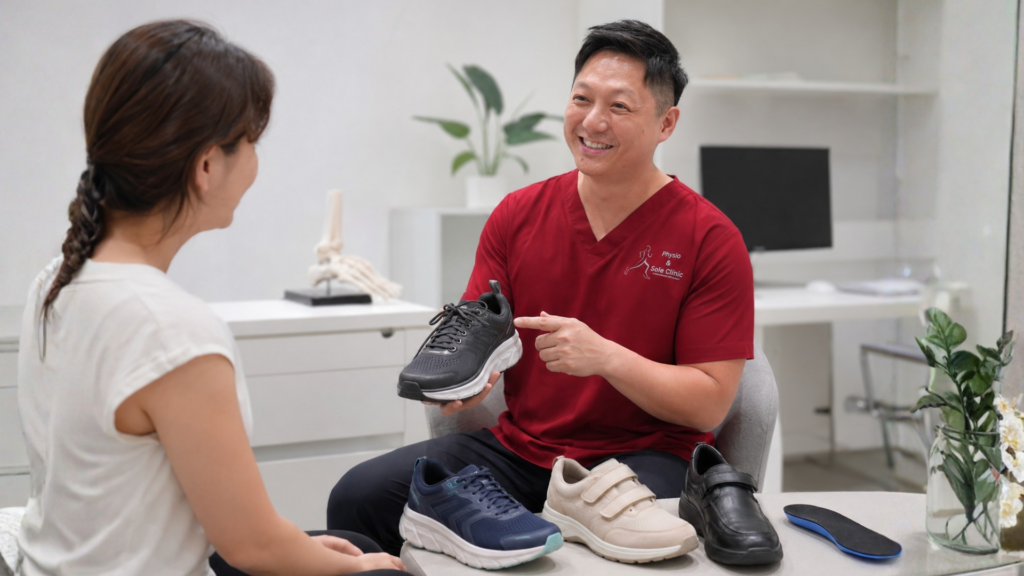 Podiatrist in Singapore recommending different supportive shoe options based on foot type, foot pain, and daily walking needs. 
