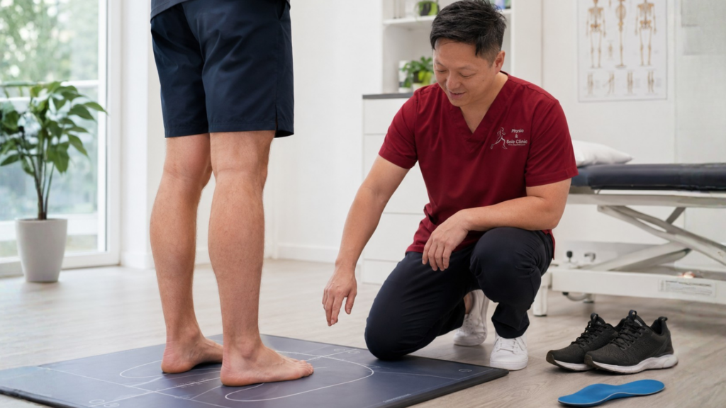 Podiatrist assessing foot posture and gait to identify the cause of recurring foot pain 
