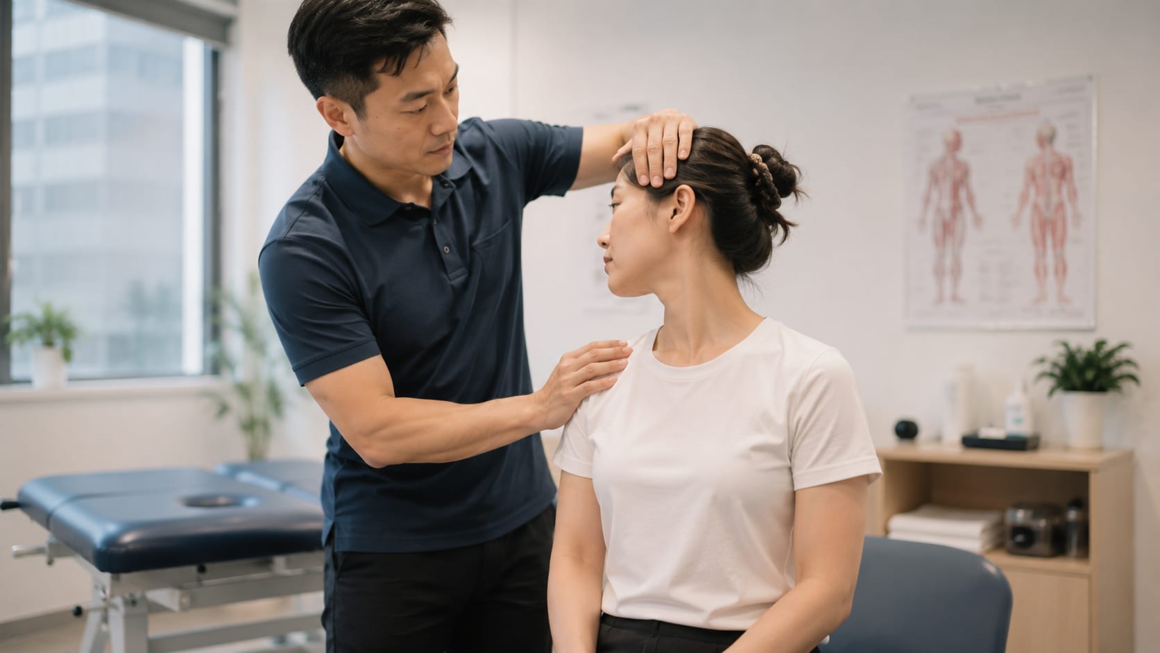 Physiotherapist assessing a patient's neck movement during an examination