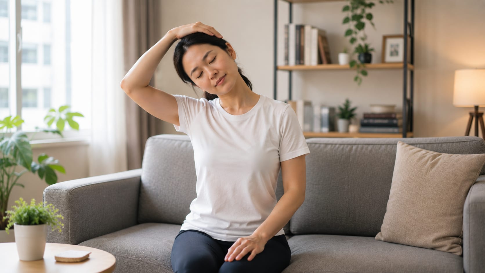 Woman sitting on a sofa at home performing a gentle side-to-side neck stretch