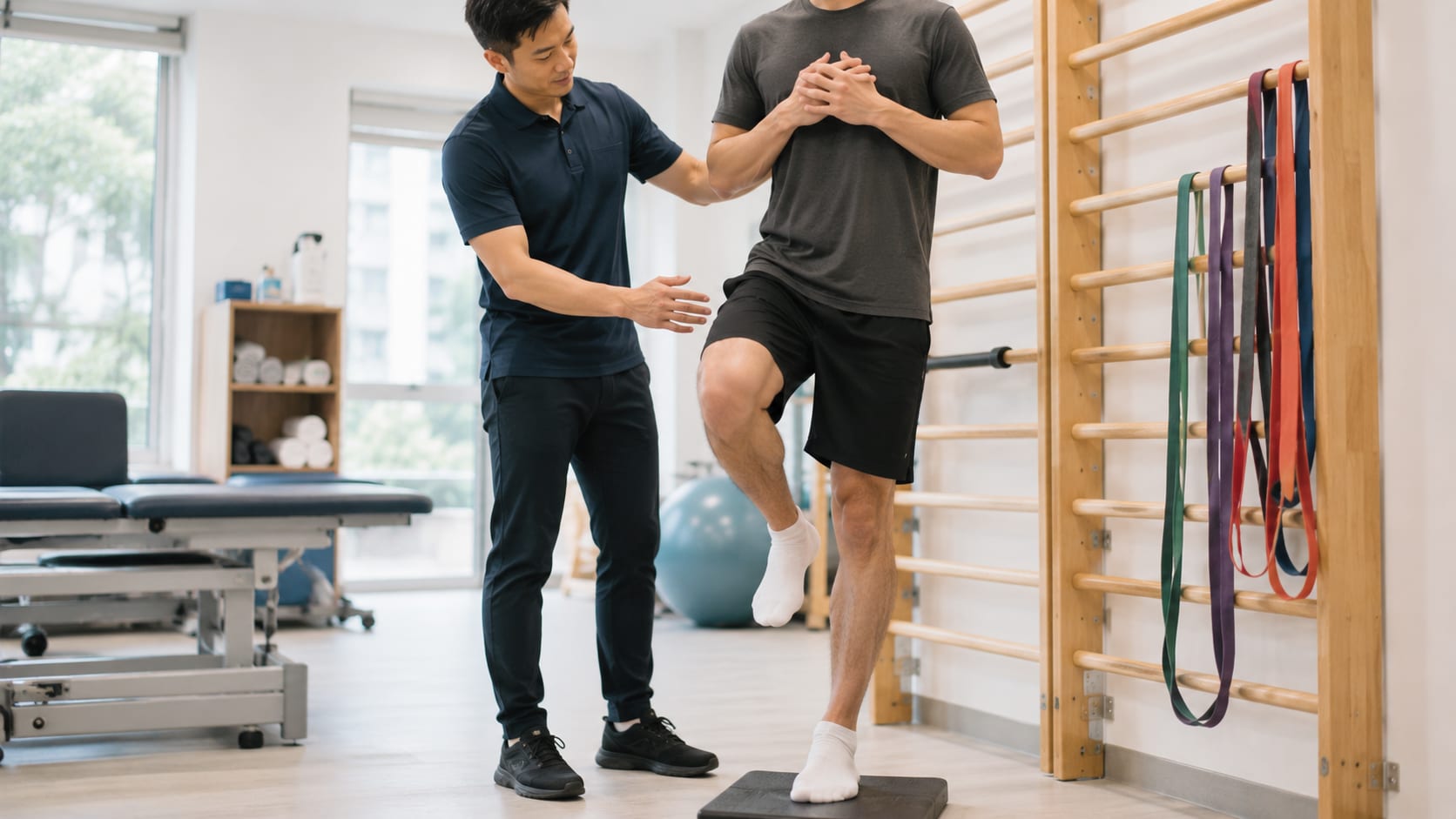 Physiotherapist supervising a patient during a single-leg balance exercise