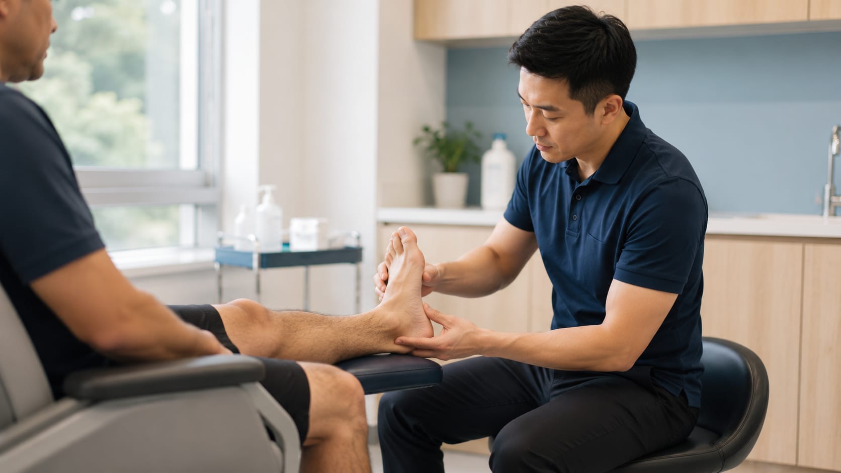 Clinician examining a patient's foot during an assessment in a Singapore clinic