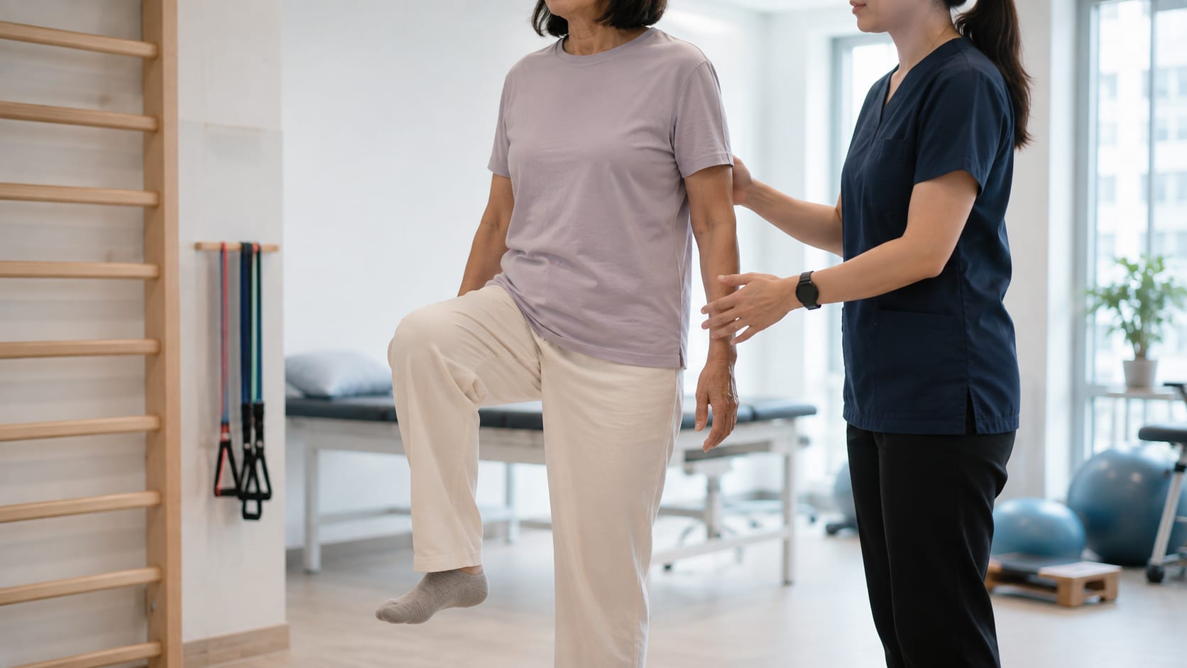 Physiotherapist guiding a patient through a balance assessment in a Singapore clinic