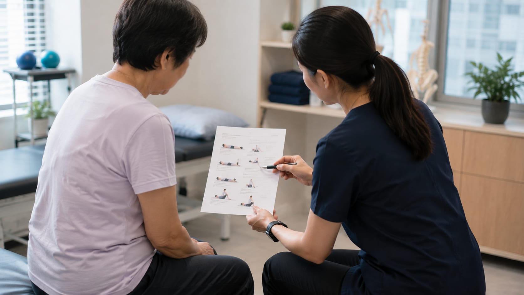 Physiotherapist explaining a home exercise programme to a patient at a clinic