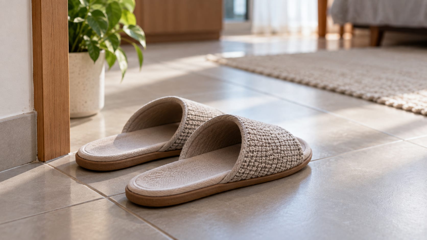 Open-backed slippers on a tiled floor at home