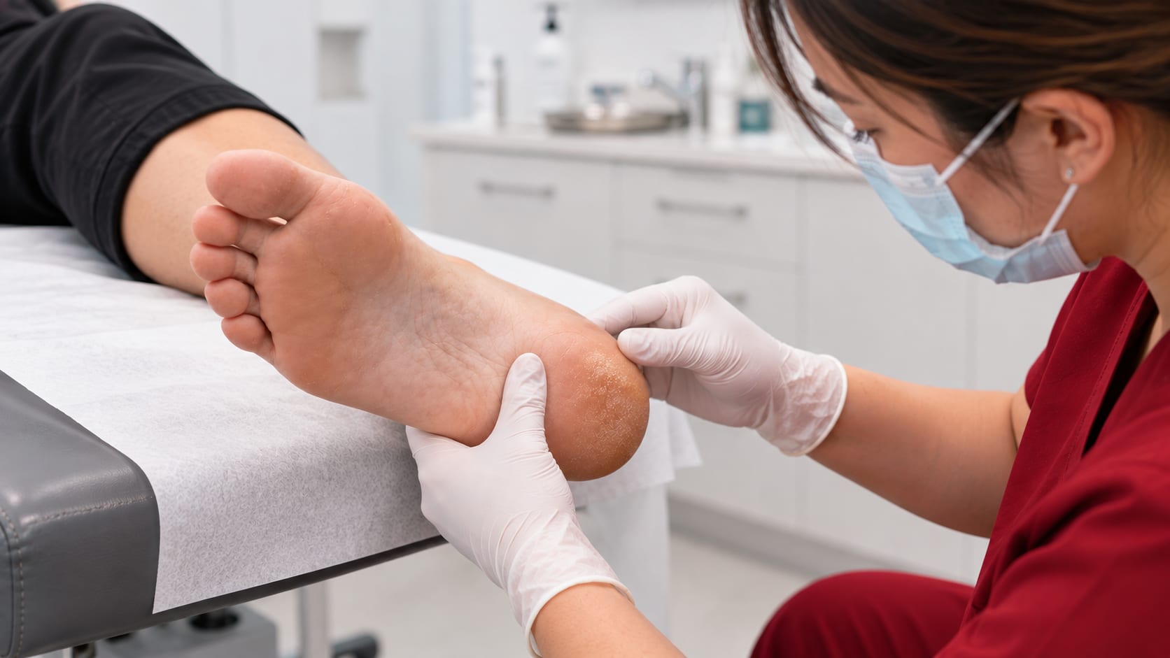 Podiatrist in gloves examining the dry, cracked skin on a patient's heel