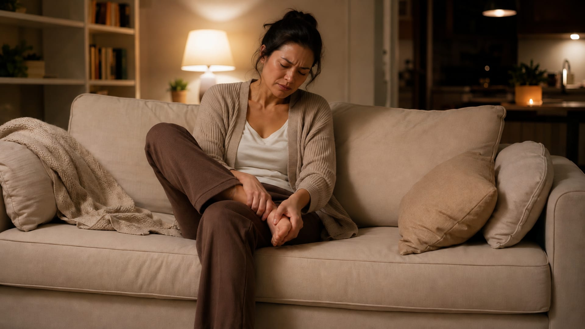 Woman sitting on a sofa at night holding her sore foot