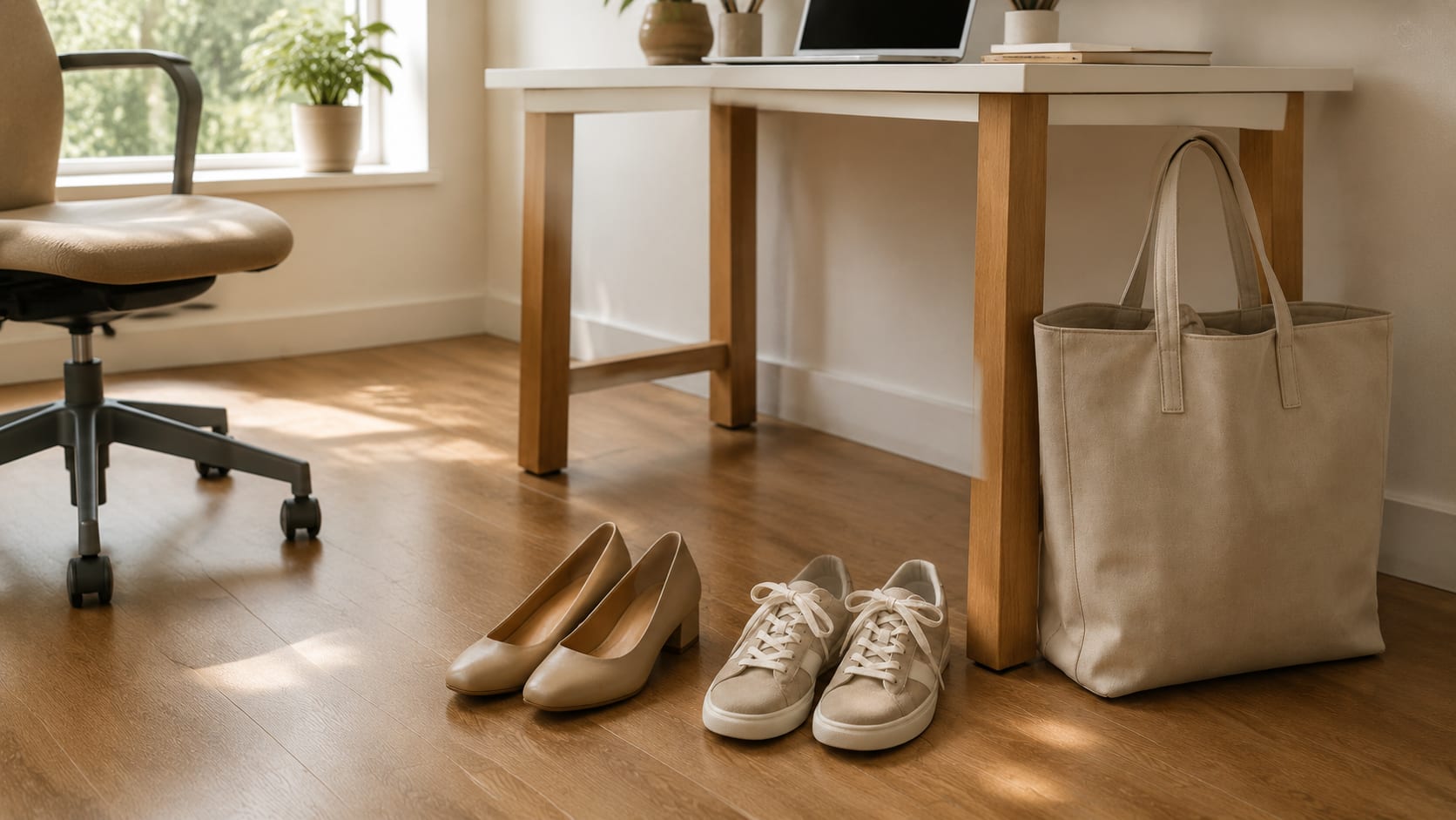 Low block heels beside flat trainers and a tote bag under a desk