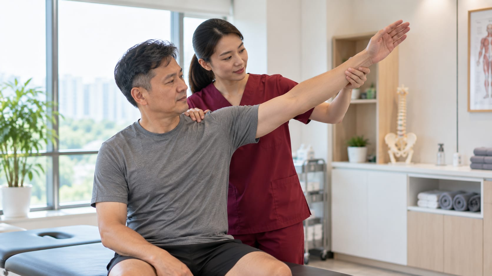Physiotherapist lifting a seated patient's arm to test shoulder range of movement