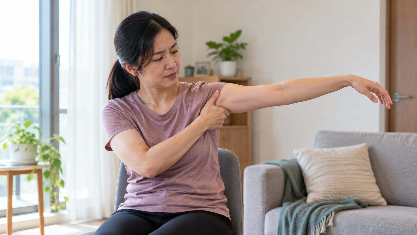 Woman seated at home holding her upper arm as she raises it out to the side