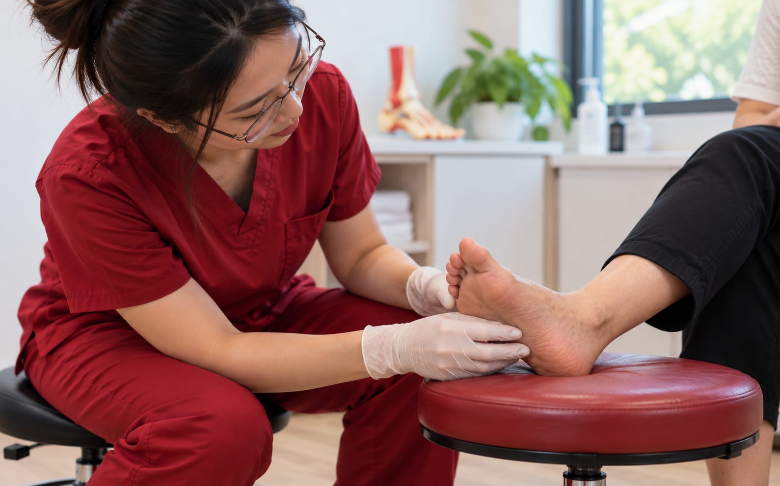 Podiatrist in gloves examining the heel and sole of a patient's foot resting on a stool