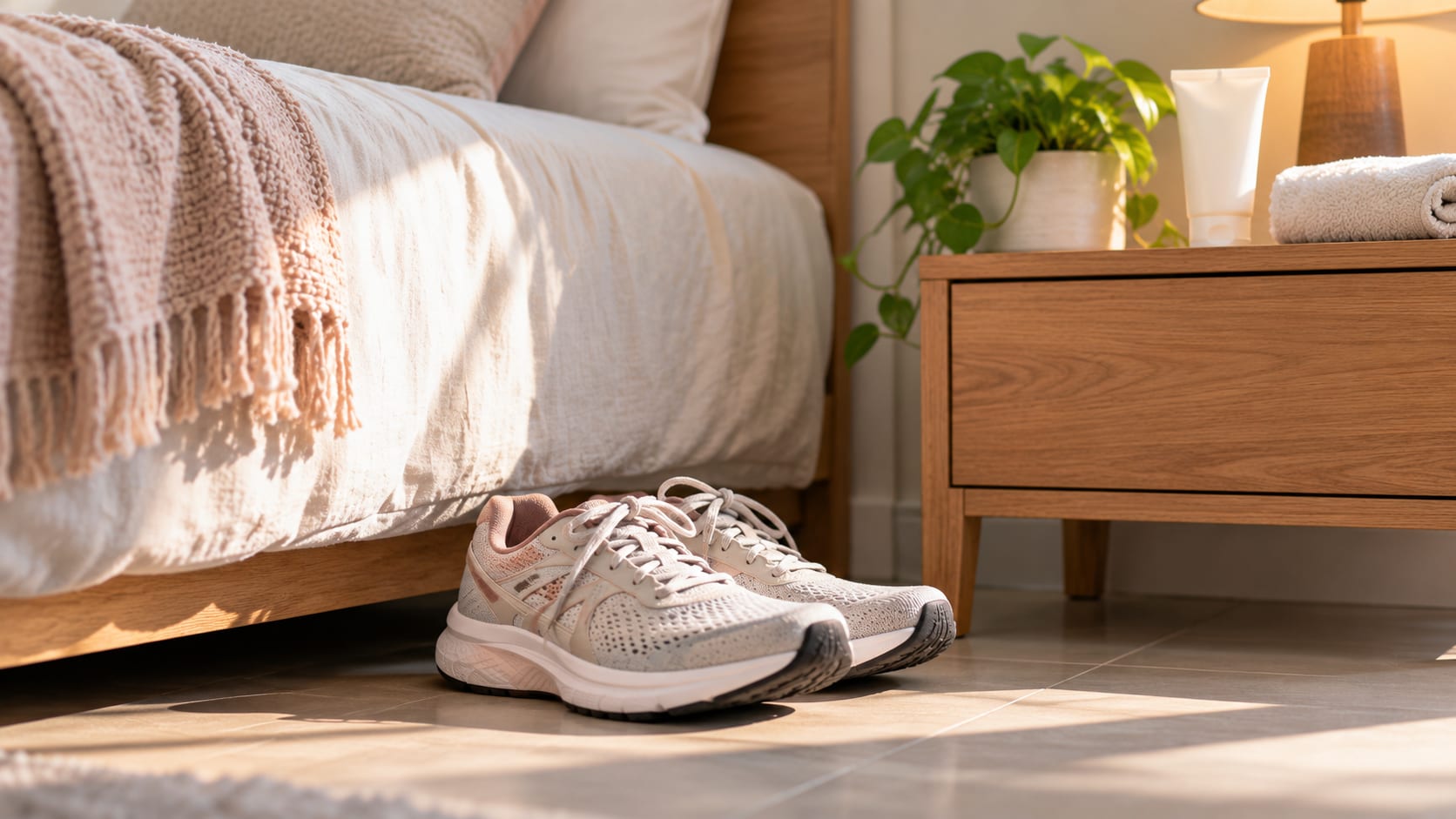 Supportive trainers placed beside the bed, ready for the first steps of the morning