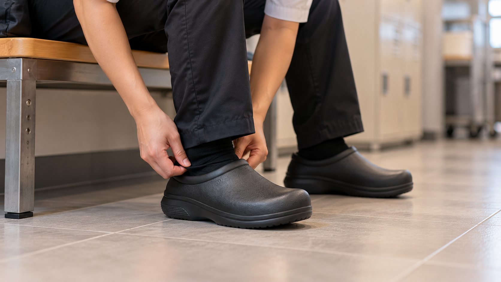 Person sitting down to adjust a work clog before a shift