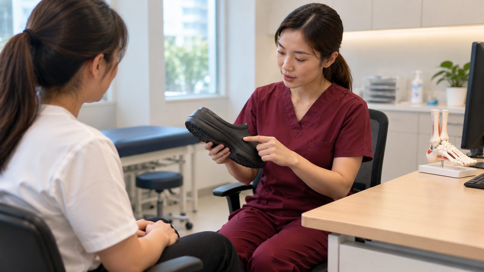 Podiatrist showing a patient the sole of a work shoe during a consultation