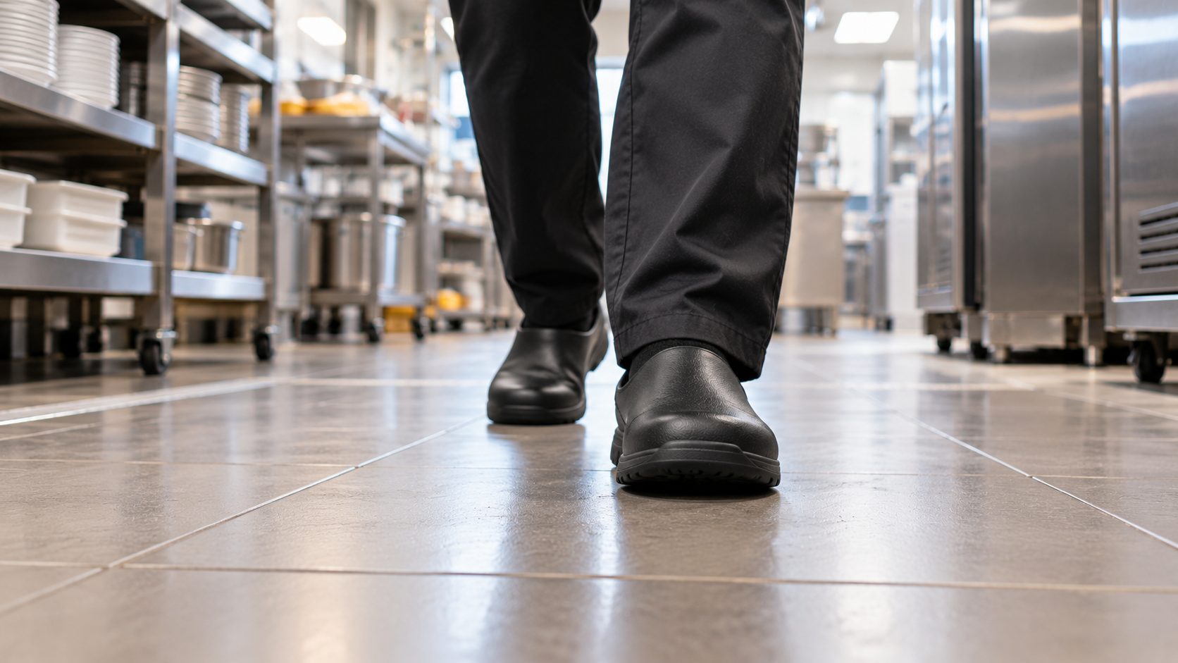Covered work clogs on a kitchen floor, seen from ground level as the wearer walks