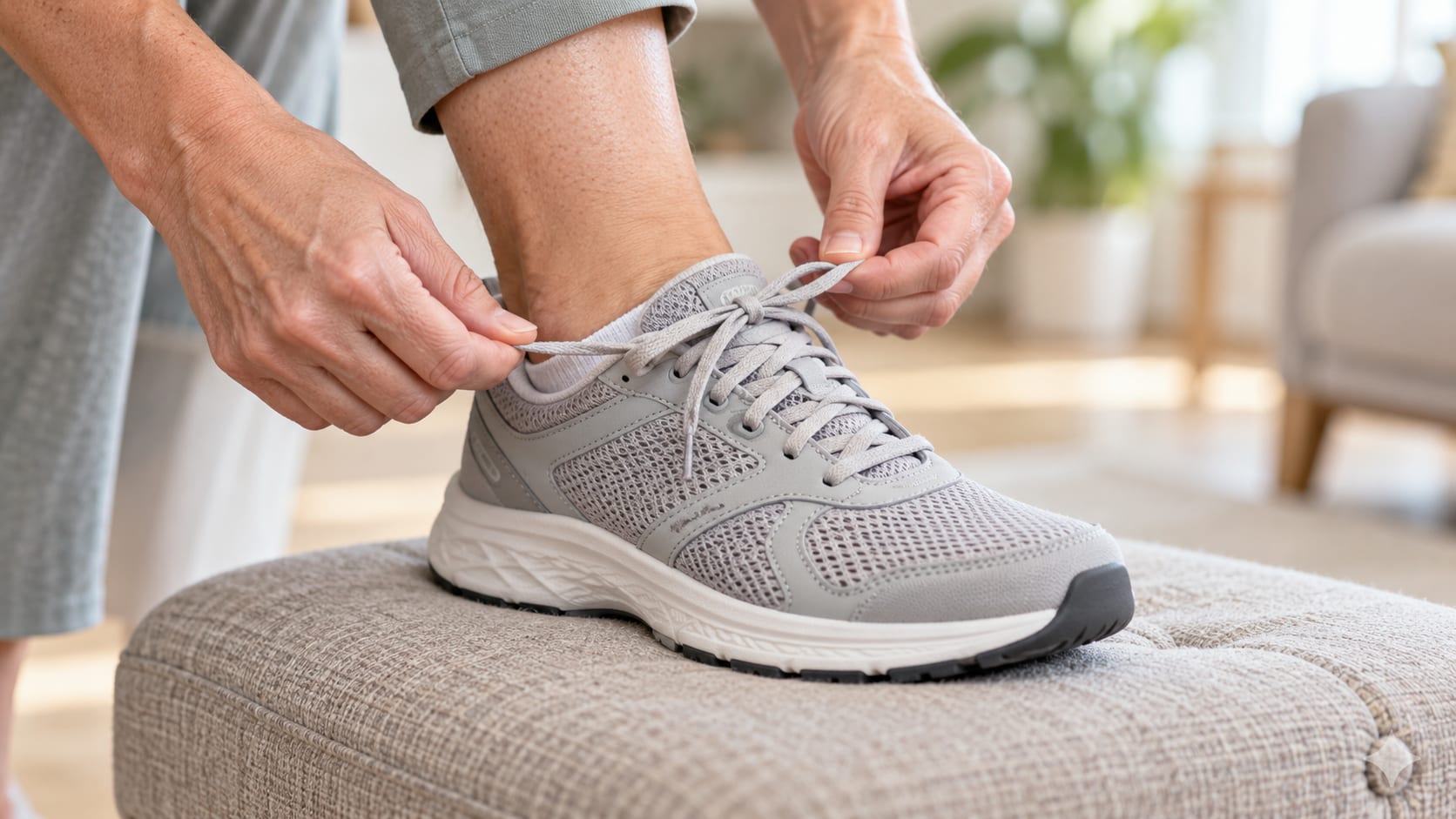Hands tightening the laces of a supportive shoe, foot resting on a cushioned stool