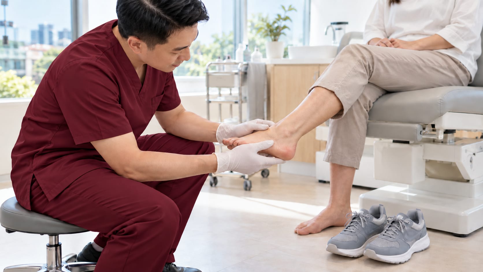 Podiatrist examining a patient's foot, with the patient's new shoes on the floor beside the chair