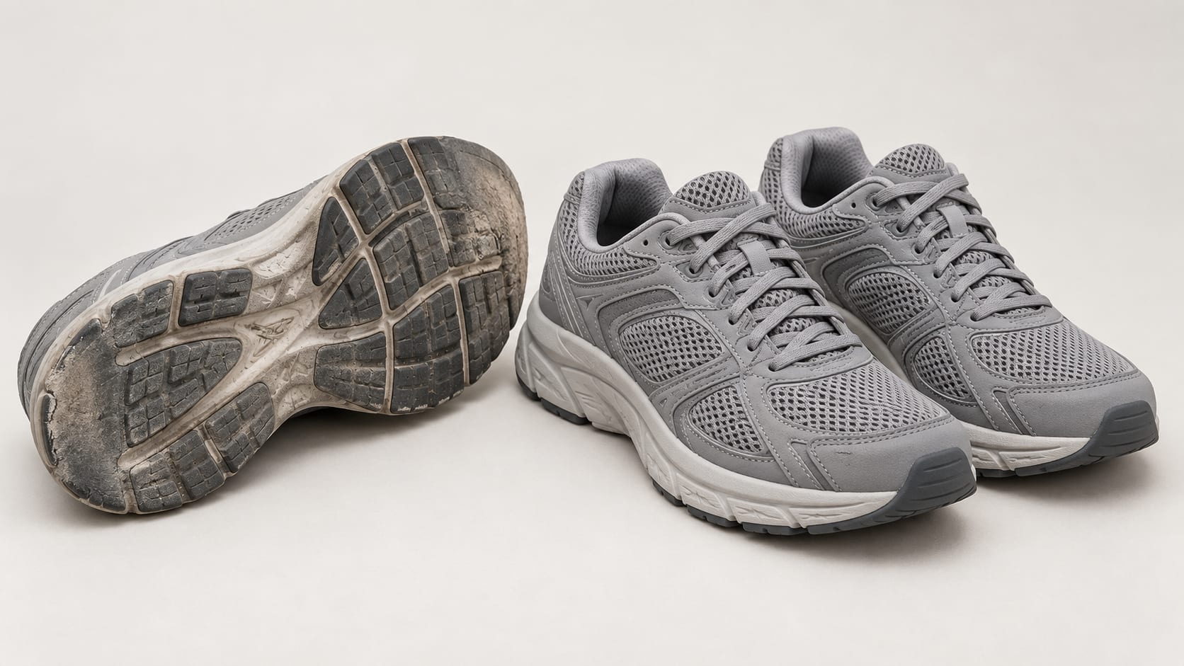 Worn, uneven shoe sole beside a new pair of the same style