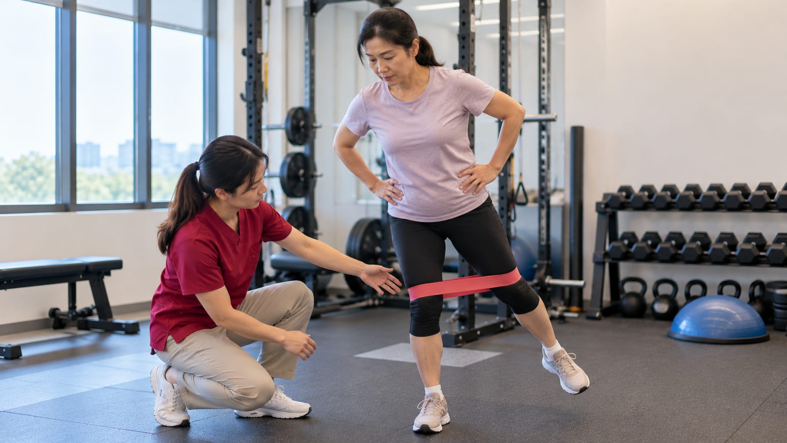 Physiotherapist examining the outer side of a patient's hip in clinic