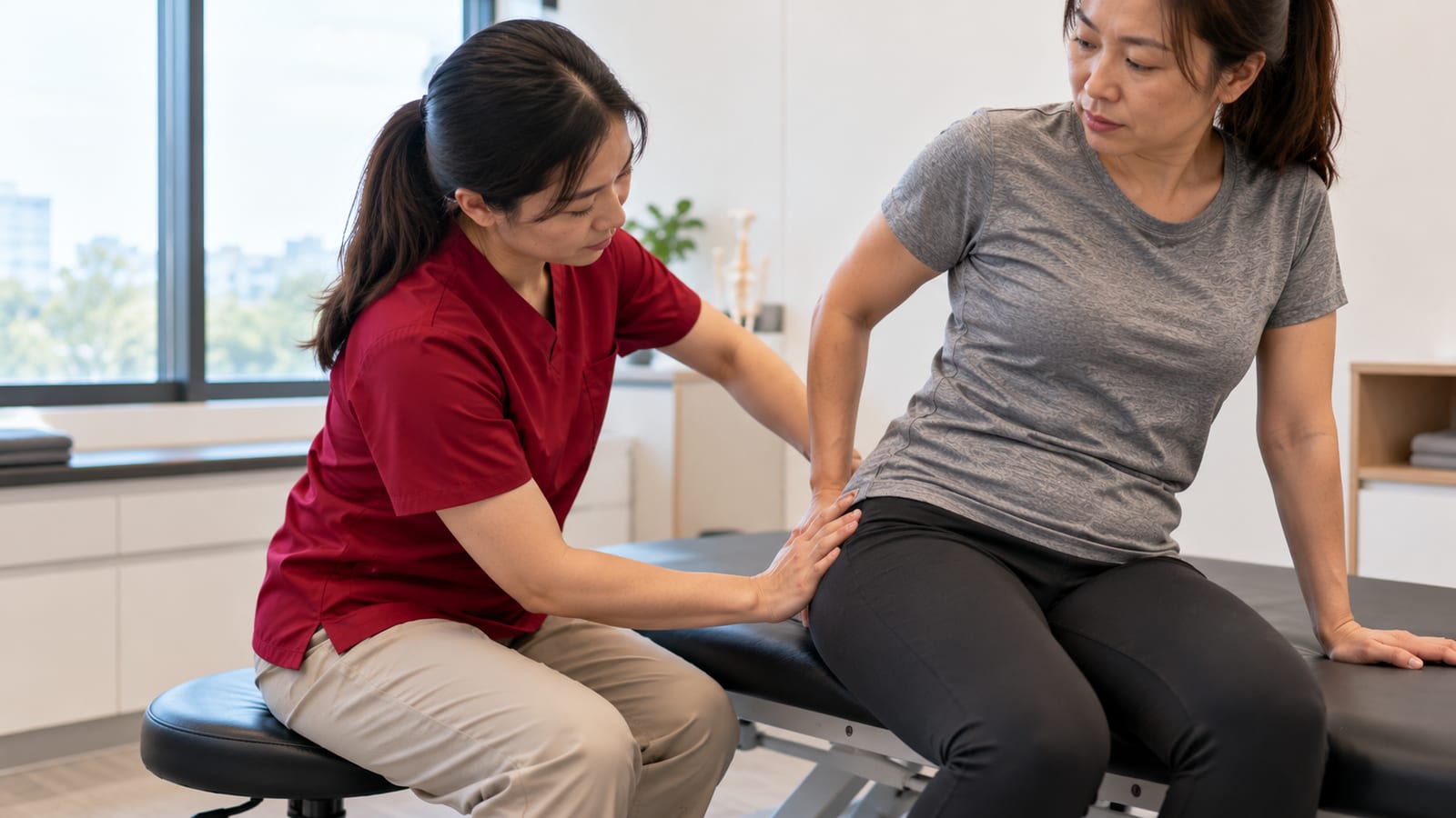 Physiotherapist guiding a woman through a hip strengthening exercise with a resistance band