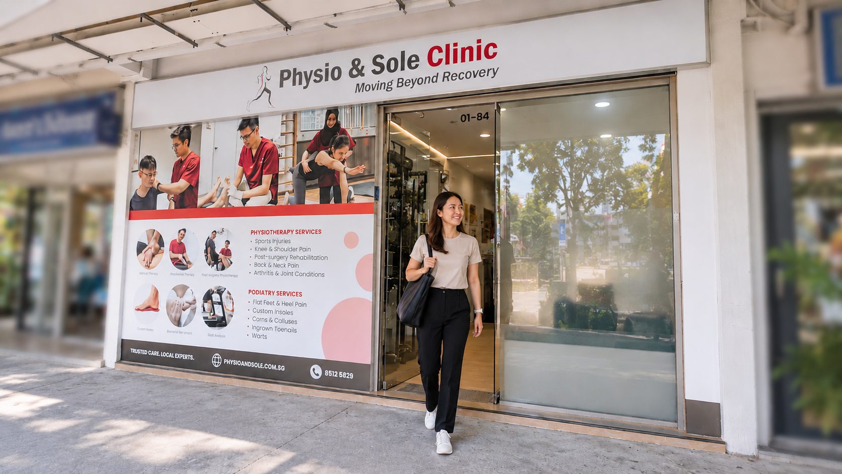 A woman leaving a Physio & Sole Clinic branch