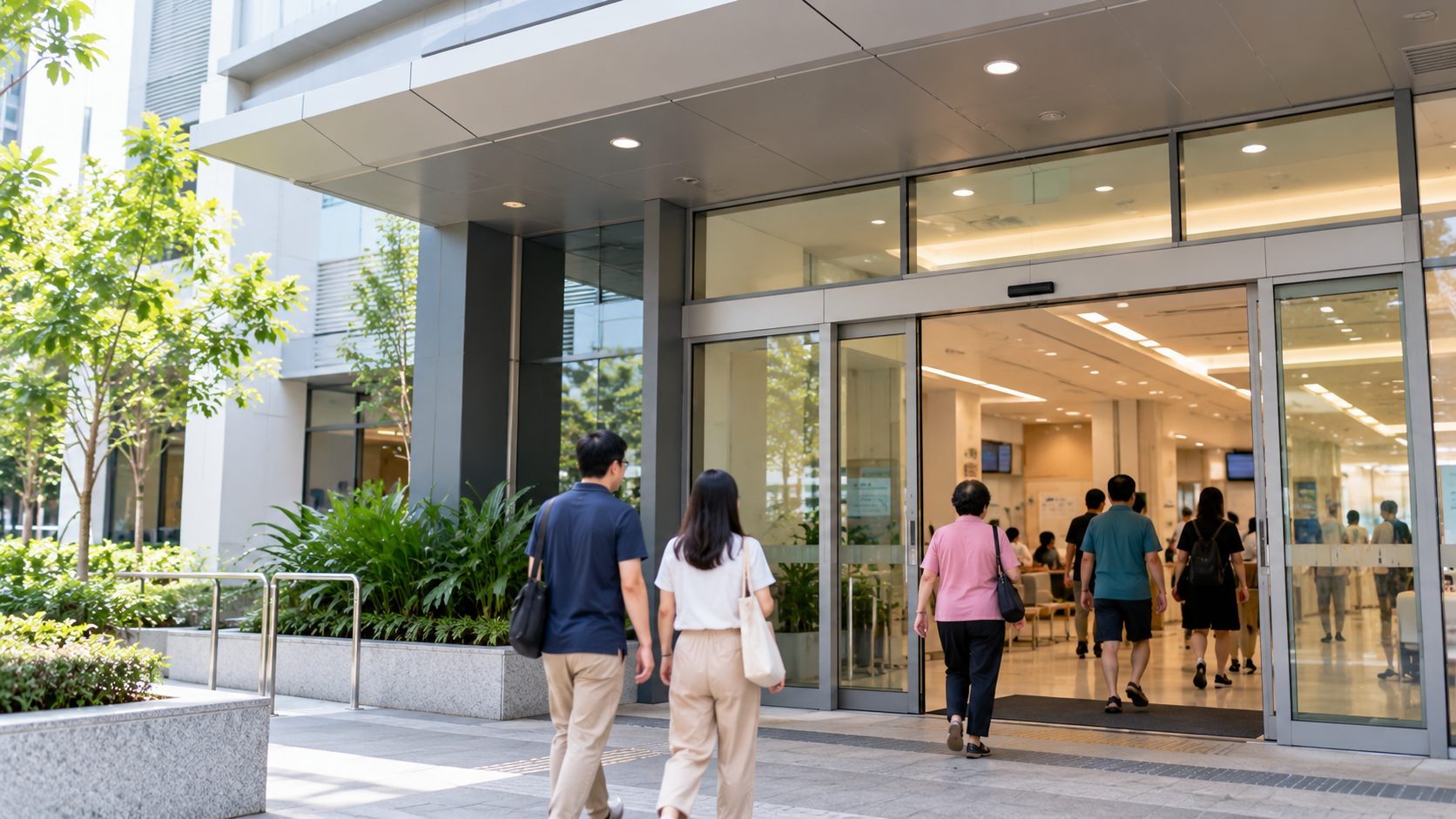 People walking into the entrance of a public healthcare building