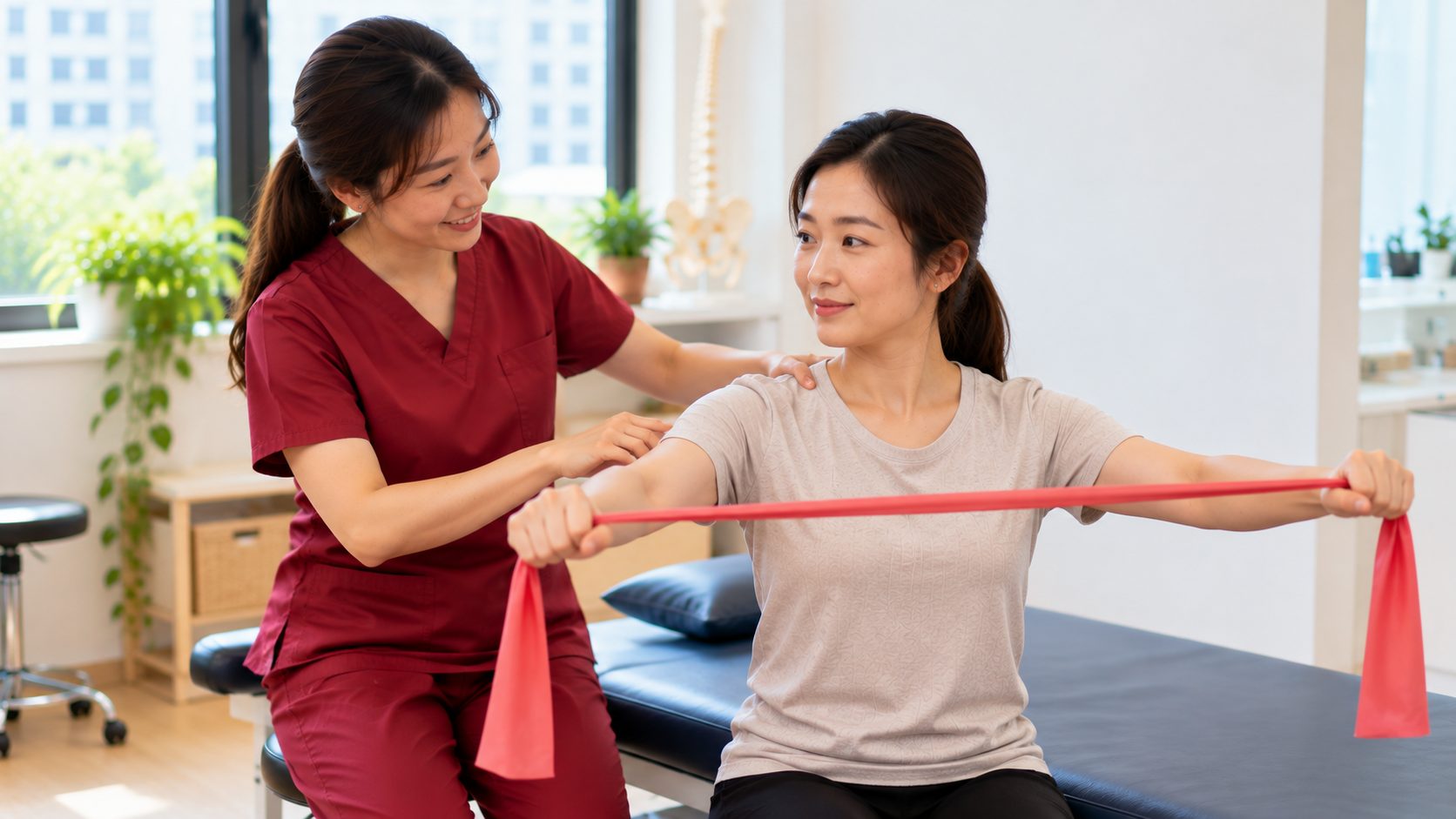 Physiotherapist guiding a patient through a resistance band exercise