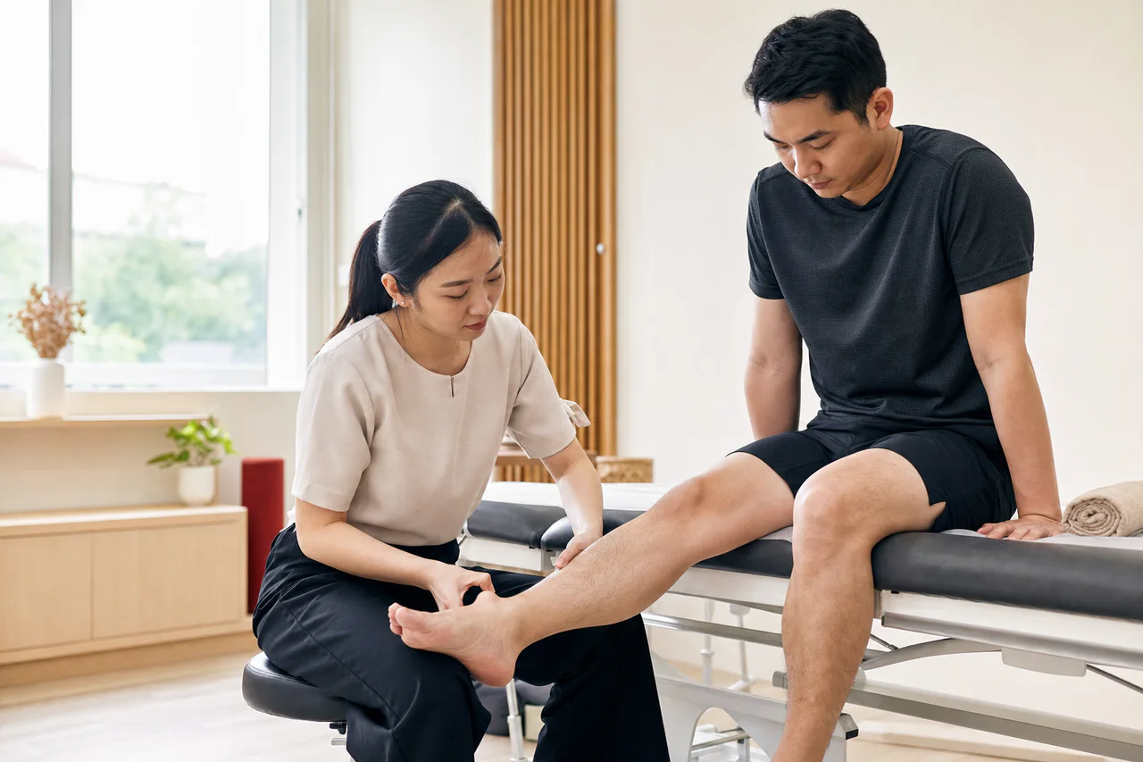 Physiotherapist assessing a patient with ankle sprain 脚踝扭伤