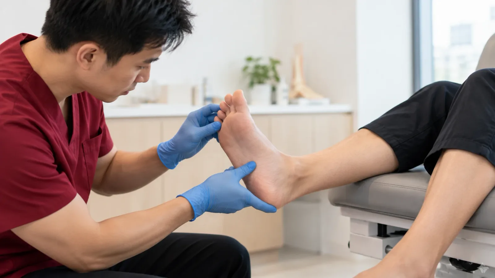 Podiatrist in gloves examining the sole of a patient’s foot in a clinic