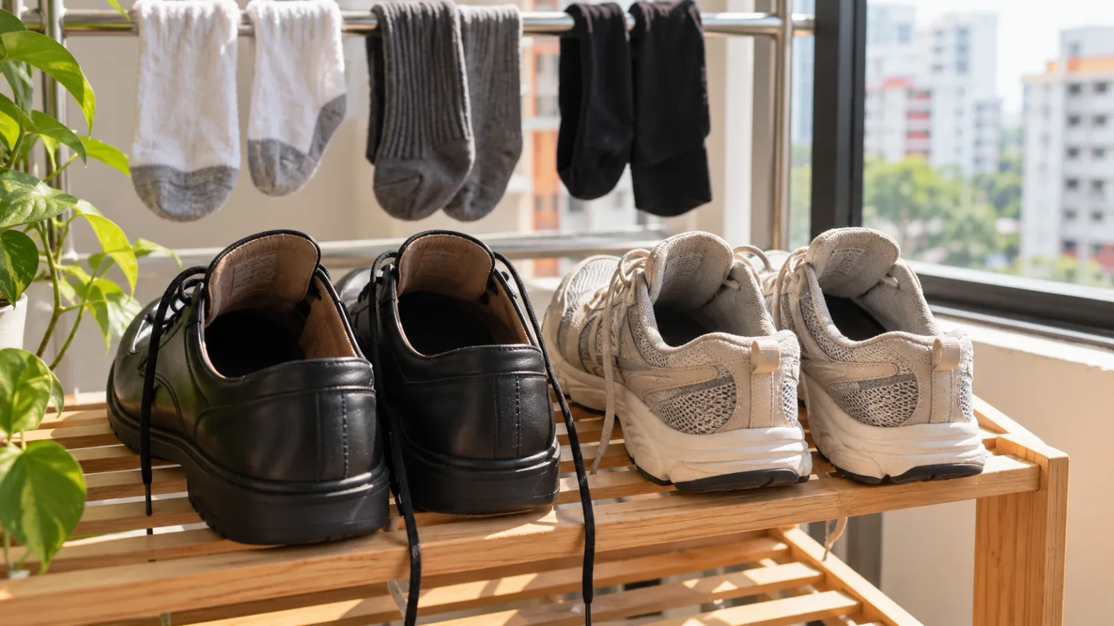 Two pairs of everyday shoes airing on an open rack beside a window with socks drying nearby