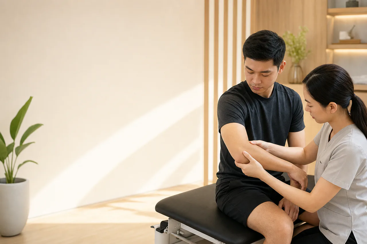Physiotherapist assessing a patient with medial epicondylitis (golfer's elbow) 肱骨内上髁炎（高尔夫球肘）