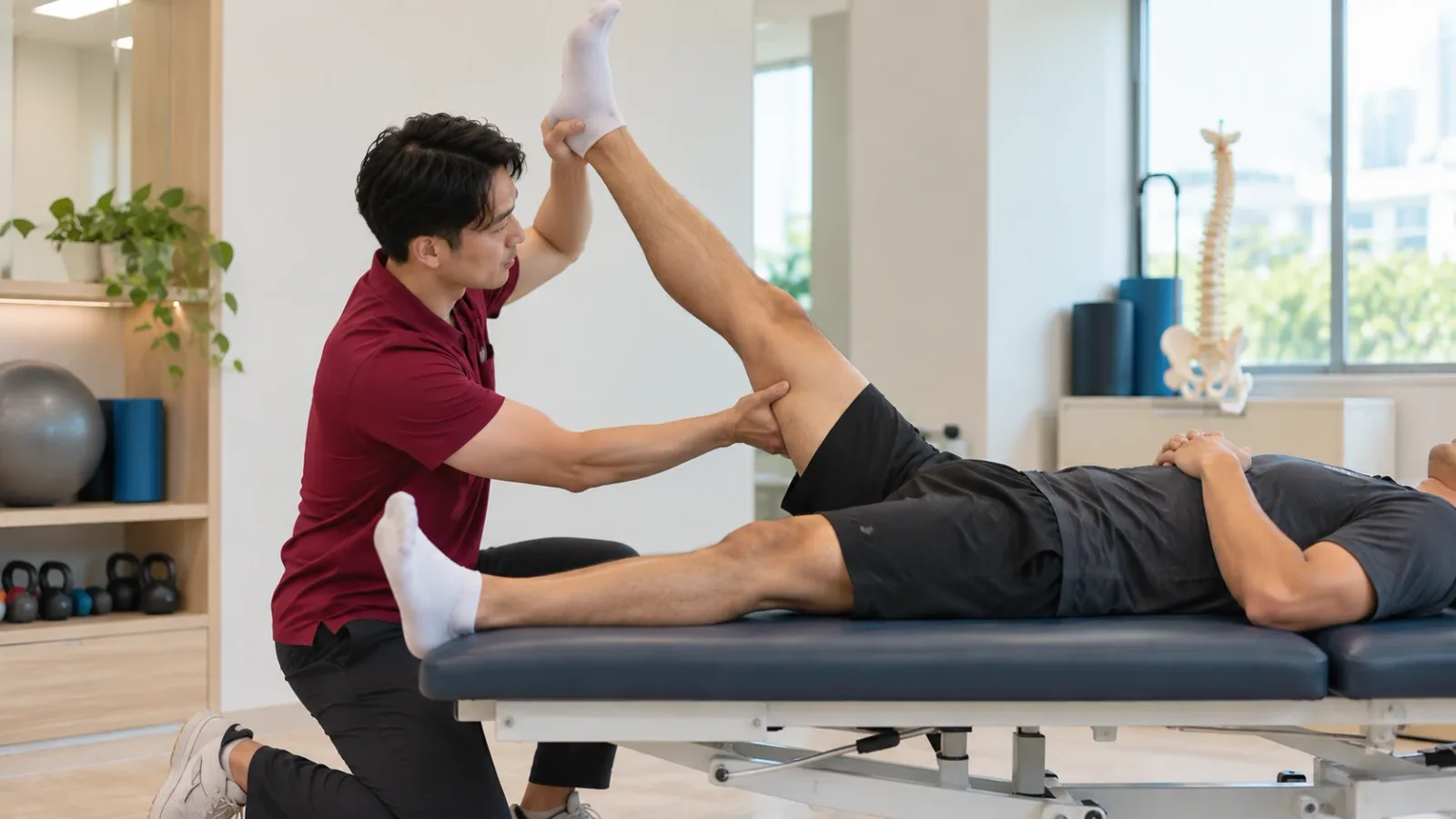 A physiotherapist raises a patient's straight leg to assess the hamstring and screen the nerve at the same time